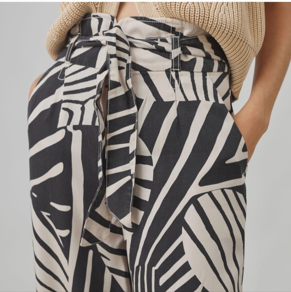 Anthropologie Wide Leg High Rise Belted Trouser Pants Black Cream Print 4 27 - Picture 2 of 7
